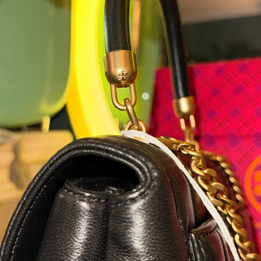 Tory Burch Kira Small Quilted Leather Top Handle Satchel Black Gold NWT - Picture 4 of 11